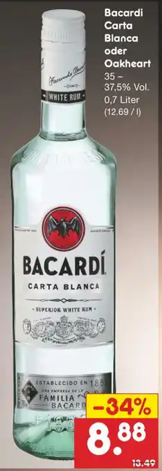 Netto Marken-Discount Bacardi Carta Blanca oder Oakheart 0,7L Angebot