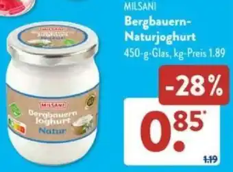 Aldi Süd MILSANI Bergbauern Naturjoghurt 450 g Glas Angebot