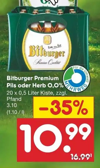 Netto Marken-Discount Bitburger Premium Pils oder Herb 0,0% 20 x 0,5 Liter Kiste Angebot