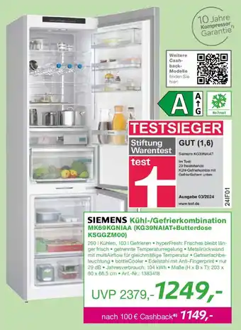 EP SIEMENS Kühl-/Gefrierkombination MK69KGNIAA (KG39NAIAT+Butterdose KSGGZM00) Angebot