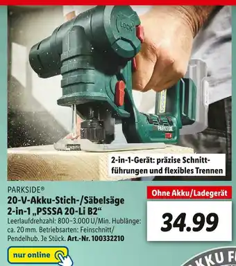 Lidl Parkside 20-v-akku-stich-/säbelsäge 2-in-1 „psssa 20-li b2“ Angebot