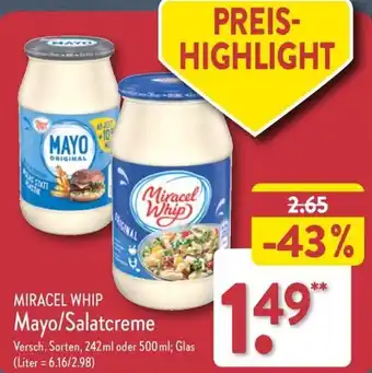 Aldi Nord Miracel Whip Mayo/Salatcreme 242 ml oder 500 ml Angebot