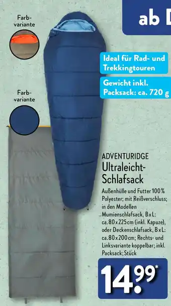 Aldi Nord ADVENTURIDGE Ultraleicht Schlafsack Angebot