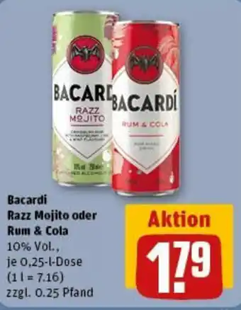 REWE Bacardi Razz Mojito oder Rum & Cola 0,25-1-Dose Angebot