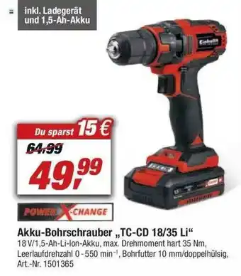 toom Baumarkt Power X-change Akku-bohrschrauber „tc-cd 18.35 Li” Angebot