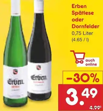 Netto Marken-Discount Erben Spätlese oder Dornfelder 0,75 Liter Angebot