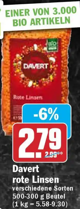 Hit Davert rote Linsen 500-300 g Beutel Angebot