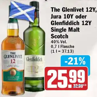 Hit The Glenlivet 12Y, Jura 10Y oder Glenfiddich 12Y Single Malt Scotch 0,7 L Flasche Angebot