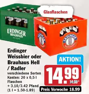 Hit Erdinger Weissbier oder Brauhaus Hell / Radler 20x0,5 L Flaschen Angebot