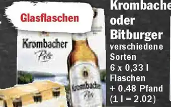 Hit Krombacher oder Bitburger 6x0,33 L Flaschen Angebot