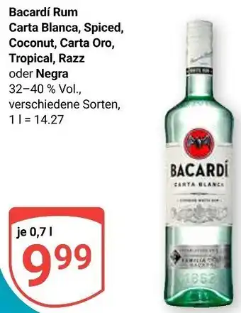 Globus Bacardi Rum Carta Blanca, Spiced, Coconut, Carta Oro, Tropical, Razz 0,7 L Angebot