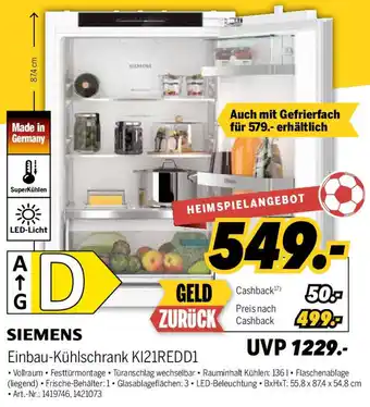 MEDIMAX SIEMENS Einbau-Kühlschrank KI21REDD1 Angebot