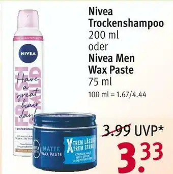 Rossmann Nivea oder nivea men trockenshampoo oder wax paste Angebot