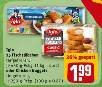 REWE Iglo 15 fischstäbchen oder chicken nuggets Angebot