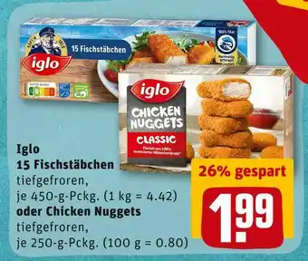 REWE Iglo 15 fischstäbchen oder chicken nuggets Angebot