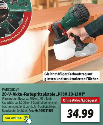 Lidl Parkside 20-v-akku-farbspritzpistole „pfsa 20-li a1“ Angebot