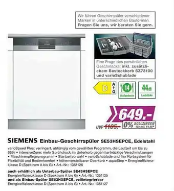 EP Siemens Einbau-geschirrspüler Se53hsepce, Edelstahl Angebot