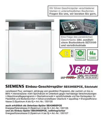 EP Siemens Einbau-geschirrspüler Se53hsepce, Edelstahl Angebot