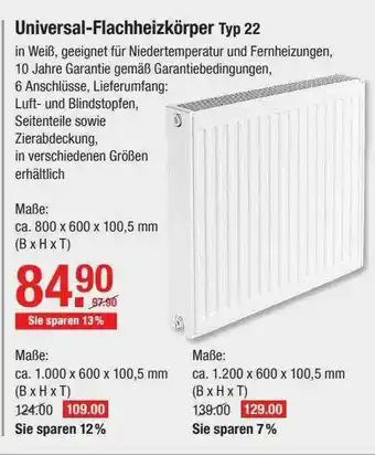 V Baumarkt Universal-flachheizkörper Typ22 Angebot