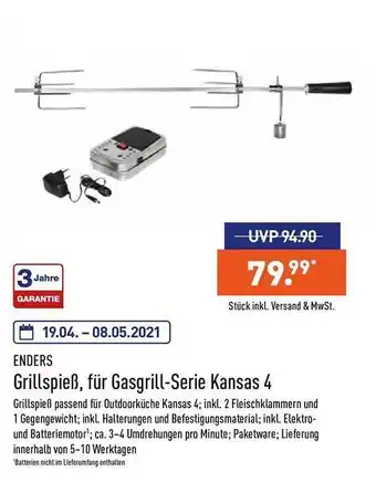 Aldi Nord Enders Grillspieß, Für Gasgrill-serie Kansas 4 Angebot