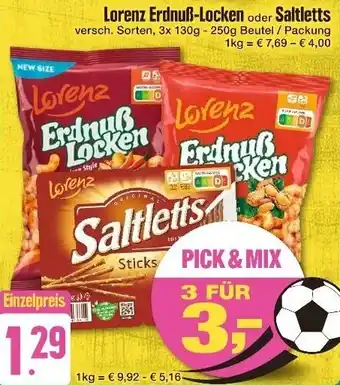 Edeka Lorenz Erdnuẞ-Locken oder Saltletts 3x130g - 250g Beutel/Packung Angebot