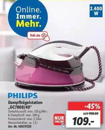 Lidl Philips Dampfbügelstation „gc7808.40” Angebot