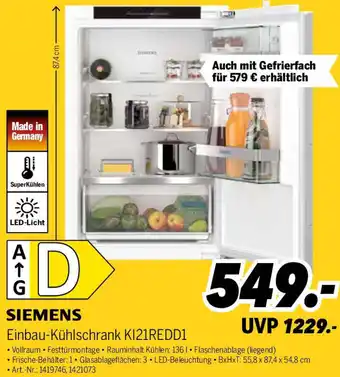 MEDIMAX SIEMENS Einbau-Kühlschrank KI21REDD1 Angebot