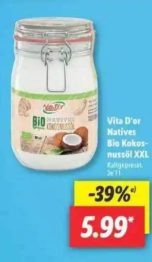 Lidl Vita D'or Natives Bio Kokosnussöl XXL 1L Angebot