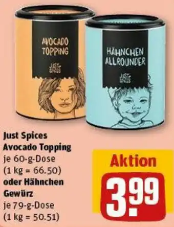 REWE Just Spices Avocado Topping 60 g oder Hähnchen Gewürz 79 g Dose Angebot