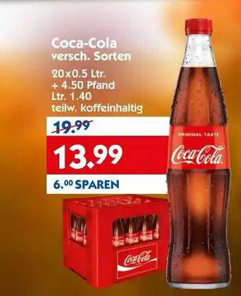 Hol'ab Getränkemarkt Coca-Cola versch, Sorten 20 x0,5 Ltr. + 4,50 Pfand Ltr. 1.40 Angebot