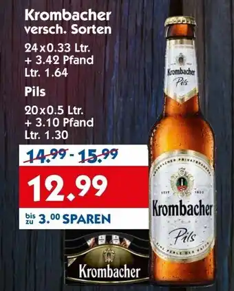 Hol'ab Getränkemarkt Kombacher versch. Sorten 24x0.33 Ltr. + 3.42 Pfand Ltr. 1.64 Pils 20x0.5 Ltr. + 3.10 Pfand Ltr. 1.30 Angebot