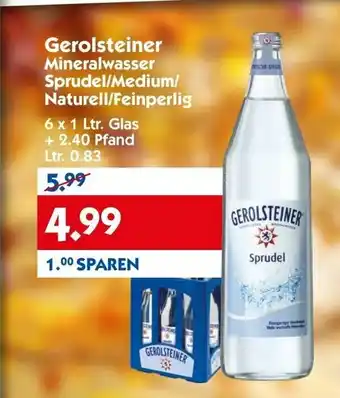 Hol'ab Getränkemarkt Gerolsteiner Mineralwasser Sprude/Medium/ Naturell / Feinperlig 6x1 Ltr. Glas + 2.40 Pfand Ltr. 0,83 Angebot