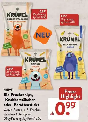 Aldi Süd KRÜMEL Bio-Fruchtchips, Knabberstäbchen oder Karottensticks 60 g Packung Angebot