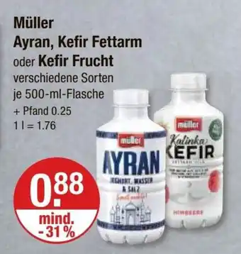 V Markt Müller Ayran, Kefir Fettarm oder Kefir Frucht verschiedene Sorten je 500-ml-Flasche Angebot