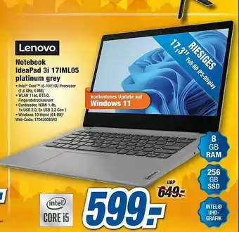 Expert Lenovo Notebook Ideapad 3i 17iml05 Platinum Grey Angebot