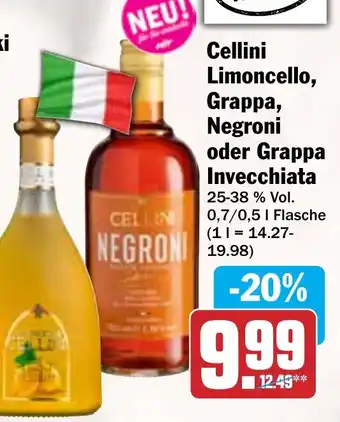 Hit Cellini Limoncello, Grappa, Negroni oder Grappa Invecchiata 0,7/0,5 L Flasche Angebot