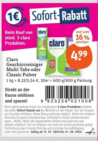 tegut claro Geschirrreiniger Multi Tabs oder Classic Pulver Angebot