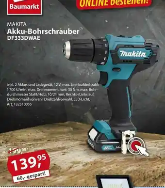 Sonderpreis Baumarkt Makita Akku-bohrschrauber Df333dwae Angebot