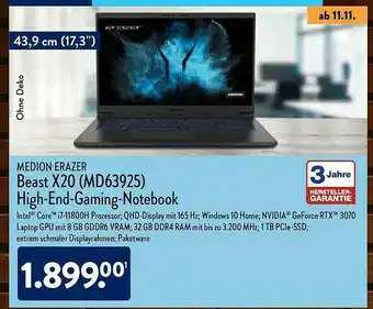 Aldi Nord Medion Erazer Beast X20 High-end-gaming-notebook Angebot