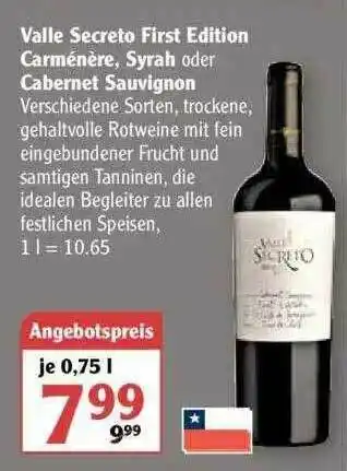 Globus Valle Secreto First Edition Carménère, Syrah Oder Cabernet Sauvignon Angebot