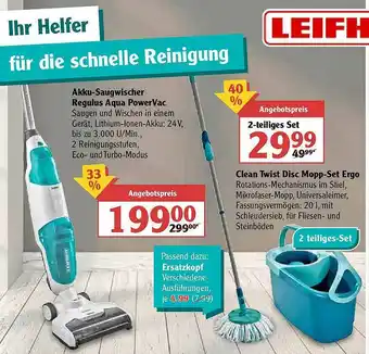 Globus Akku-saugwischer Regulus Aqua Powervac Clean Twist Disc Mopp-set Ergo Leifheit Angebot