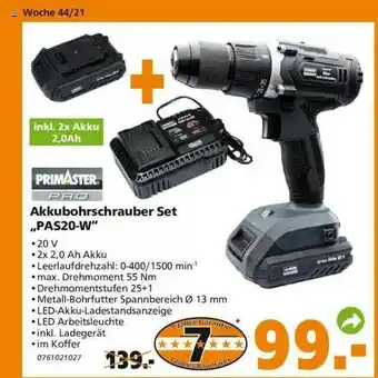 Globus Baumarkt Primaster Akkubohrschrauber Set Pas20-w Angebot