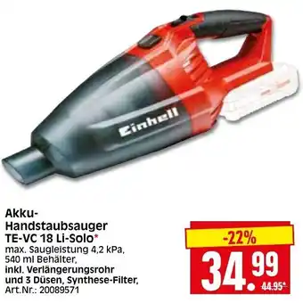 Herkules Baumarkt Einhell Akku Handstaubsauger TE-VC 18 Li Solo Angebot