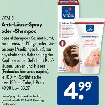 Aldi Süd VITALIS Anti-Läuse-Spray oder -Shampoo Angebot