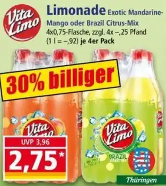 Norma Vita Limonade Exotic Mandarine- Limo Mango oder Brazil Citrus-Mix 4 x 0,75 l Flasche Angebot