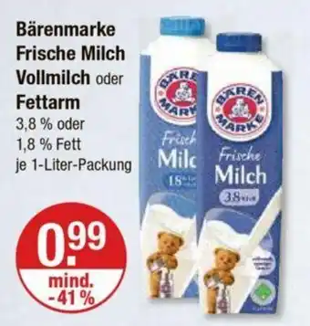 V Markt Bärenmarke Frische Milch Vollmilch oder Fettarm 3,8% oder 1,8% Fett 1L Angebot