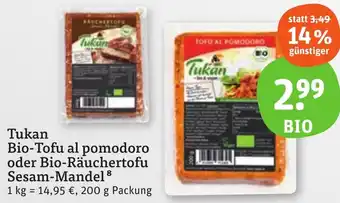 tegut Tukan Bio-Tofu al pomodoro oder Bio-Räuchertofu Sesam-Mandel 200 g Packung Angebot