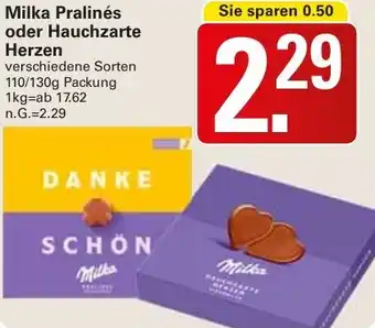 WEZ Milka Pralinés oder Hauchzarte Herzen 110/130g Packung Angebot