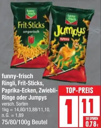 Edeka funny-frisch Ringli, Frit-Sticks, Paprika-Ecken, Zwiebli- Ringe oder Jumpys 75/80/100g Beutel Angebot