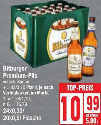 Edeka Bitburger Premium-Pils 24x0,33/ 20x0,5 L Flasche Angebot